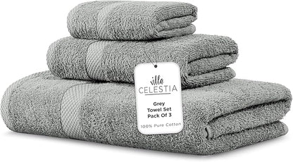 100% Combed Cotton Bathroom Towel Set of 3- 1 Bath Towel, 1 Hand Towel, 1 Wash Cloth, Sustainable, Soft, Highly Absorbent 3 Piece Cotton Bath Towel Set Ideal for Hotels, Spa, Bathroom, Dorm, Grey