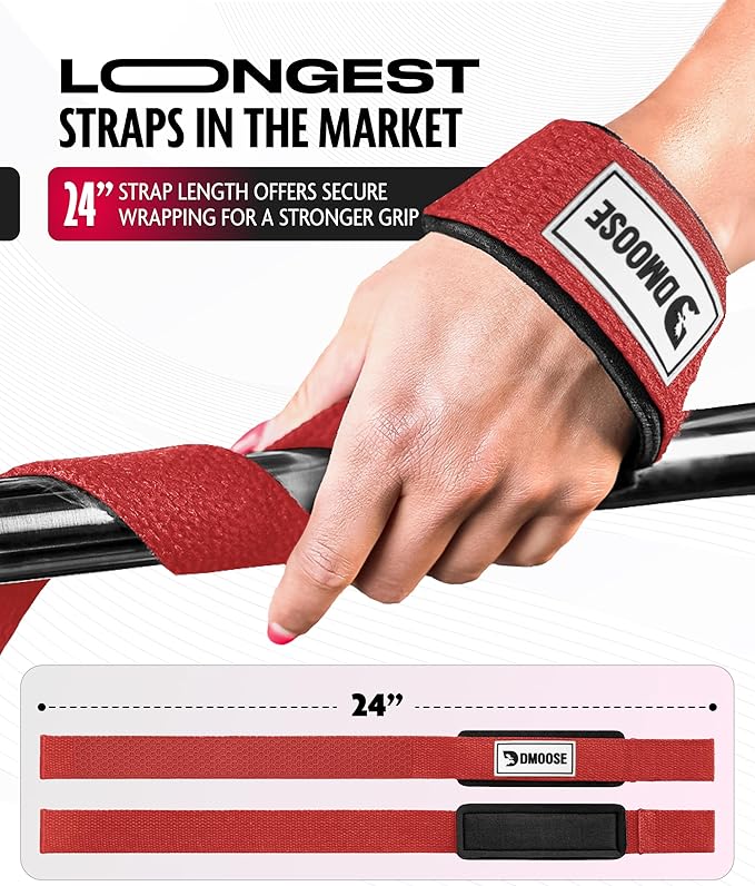 DMoose Fitness Lifting Straps 24" (Pair) - 5mm Padded Durable Wrist Straps for Weightlifting & Powerlifting - Cotton Lifting Strap with Silicone Grip for Men & Women - Deadlift Strap for Gym Workout