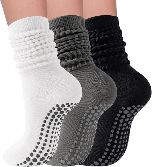 3 Pairs Grip Pilates Socks for Women Non Slip Long Slouchy Socks for Yoga Barre Workout Hospital