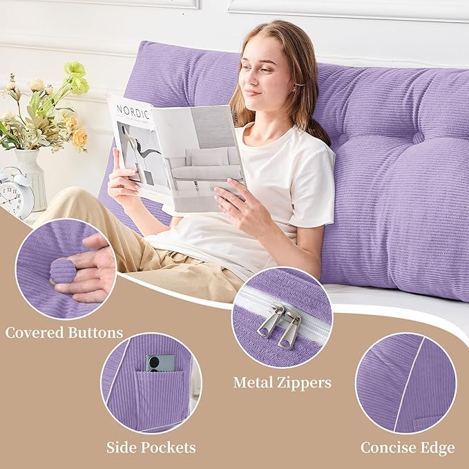 Sasttie Headboard Pillow Queen, Wedge Pillow Headboard for Sitting Up in Bed, Back-Rest Support Triangular Cushion for Reading - Features Removable Washable Cover, Purple