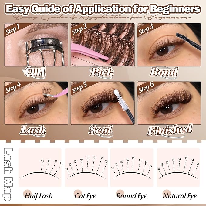 Yawamica Brown Lash Clusters Fluffier Eyelash Extension 10-16mm Individual Lashes D Curly Eyelash Clusters 40D+50D+70D Volume 300pcs Cluster Lashes Pestañas Pelo a Pelo DIY Lash Extension at Home
