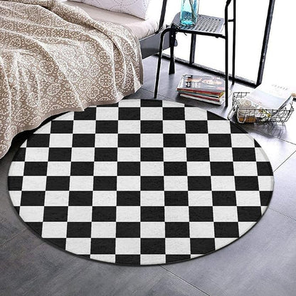 Soft Round Yoga Carpet, Large Home Decor Mat, Non-Slip Machine Washable Kitchen Office Circle Rug Compatible with Race Checkerboard Checkered Black and White