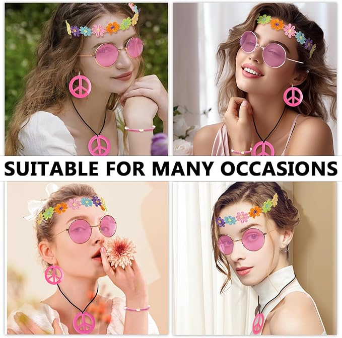 Hippie Costume Accessories Set Peace Sign Necklace Sunglasses Flower Headband Earrings for 60s 70s Outfit Party Women