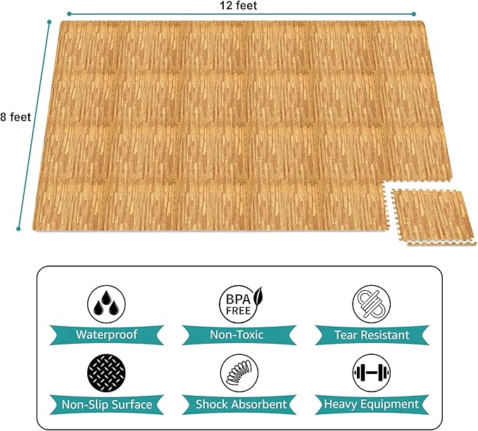 Sorbus Wood Grain Floor Tiles Foam Mat EVA Interlocking Mats Tile 3/8-Inch Thick Flooring Wood Puzzle Exercise Mats w/Borders - Home Playroom Basement, Apartment, Trade Show, Baby, Dance