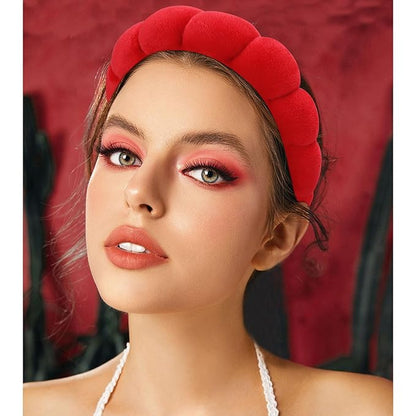 VELSCRUN Spa Headbands for Wash Face, Makeup Headband, Facial Skincare Headbands, 5 Pcs Red Puffy Sponge Spa Headband Bow Tie Hair Band Hair Clips Wristband Set Women Girls Accessories
