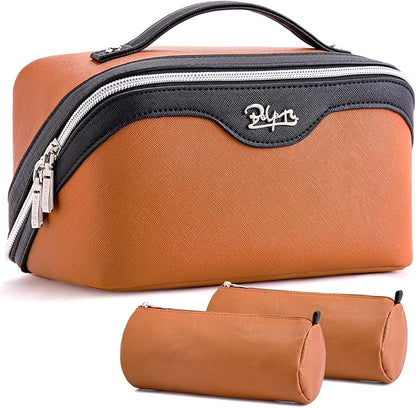 BOYATU Travel Makeup Bag Organizer Cosmetic Bag: 3 Pcs Set Make up Bags for Women with Handle - Waterproof Vegan Leather Toiletry Bags Travel Essentials Pouch with Compartments (G-04-Orange)