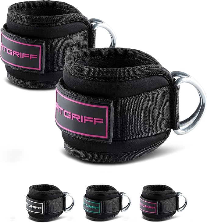 Fitgriff® Ankle Straps V3 for Cable Machine (2 Pieces) - Gym Workout Equipment - Leg Pulley Attachment, Kickback Straps