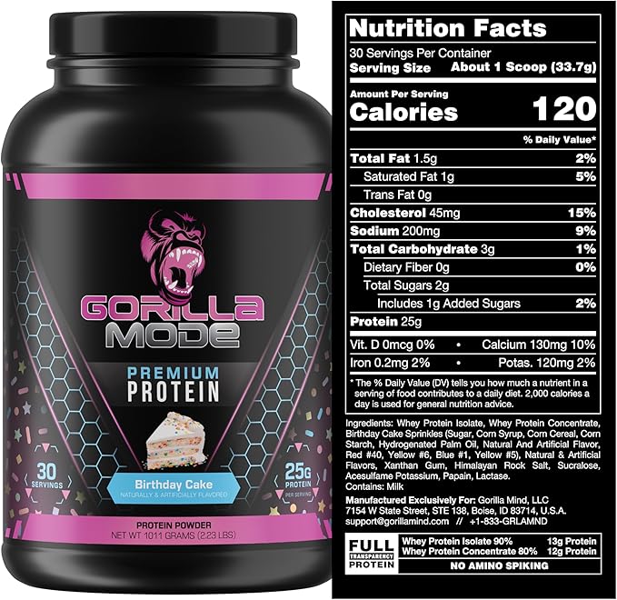 Gorilla Mind Premium Whey Protein - Birthday Cake, 25 Grams of Whey Protein Isolate & Concentrate,Recover and Build Muscle (30 Servings)