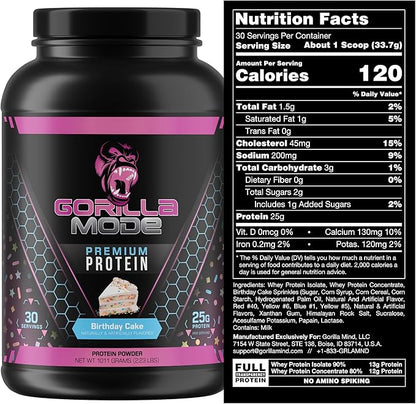 Gorilla Mind Premium Whey Protein - Birthday Cake, 25 Grams of Whey Protein Isolate & Concentrate,Recover and Build Muscle (30 Servings)