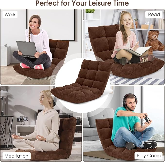 Moccha 14-Position Floor Chair, Folding Sofa Chair with Back Support, Memory Foam Floor Gaming Chairs for Adults, Adjustable Padded Couch Recliner Sleeper Bed for Reading, Meditating, Brown
