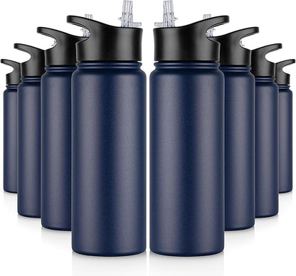24 oz Insulated Water Bottle Bulk 8 Pack, Stainless Steel Sports Water Bottles with Straw Lid & Wide Mouth Lids, Double Walled Vacuum, Leak Proof, Blue