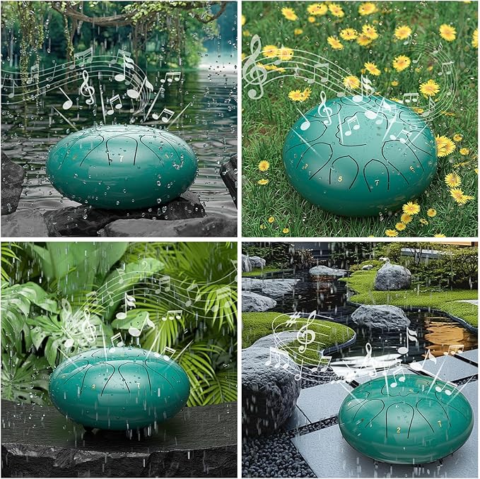 Rain Drum for Outside Garden, 8 Inches 11 Notes Steel Tongue Drum, Waterproof Meditation Rain Chime, Musical Instruments for Adult Gift with Bag, Music Book, Mallets (Lake Blue)