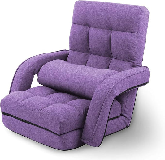 Adjustable Floor Chair for Adults with Back Suppor,5-Position Folding Lazy Sofa with Pillow, Gaming & Meditation Chair with Breathable Fabric - for Living Room, Bedroom, Office,Balcony (Purple)