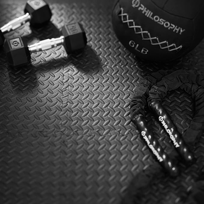Philosophy Gym Pack of 36 Exercise Flooring Mats - 12 x 12 Inch Foam Rubber Interlocking Puzzle Floor Tiles - Black