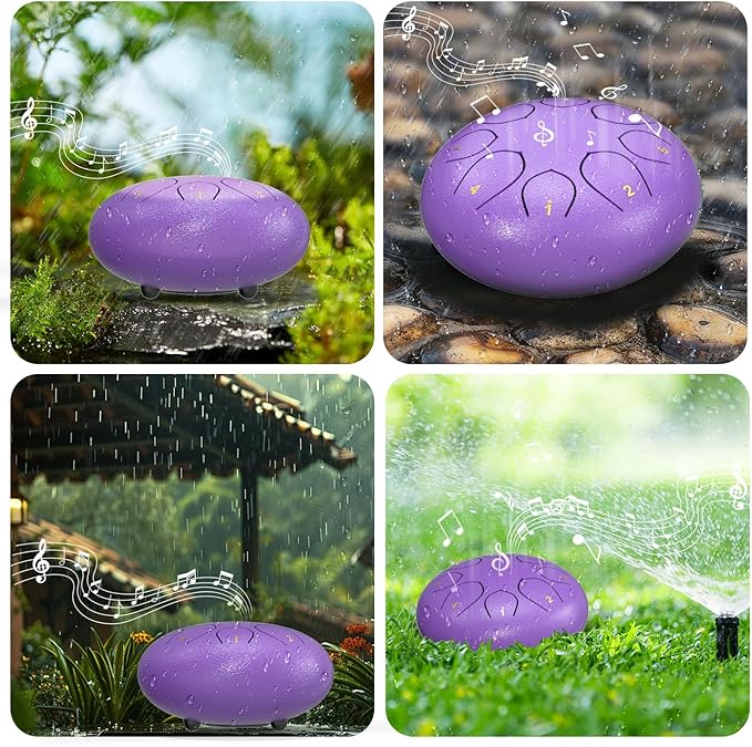 Rain Drum for Outside Garden, 6 Inches 8 Notes Steel Tongue Drums, Waterproof Meditation Echo Rain Chime, Musical Instruments for Adult Gift with Bag, Music Book, Mallets (Purple)