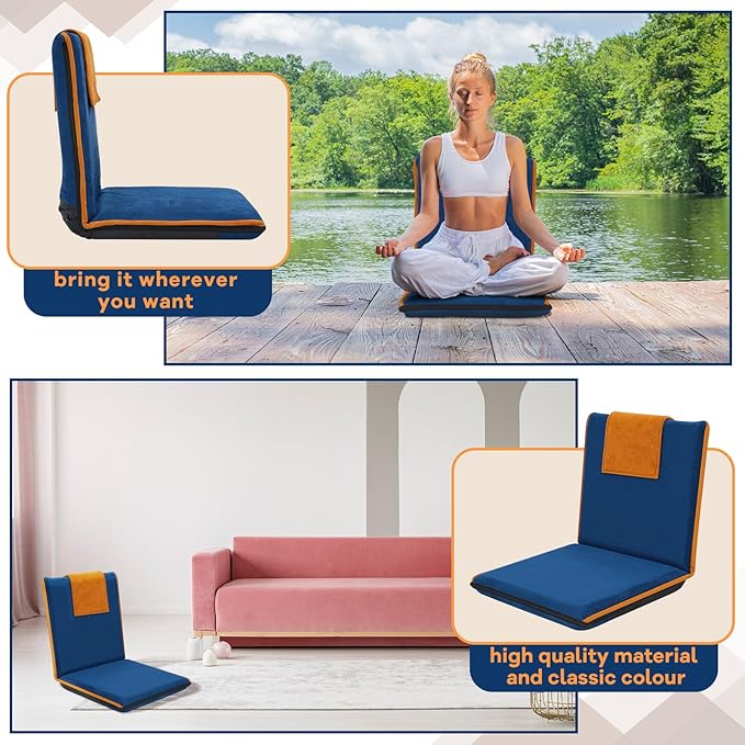 2 Pcs Floor Chair with Back Support Padded Floor Seating Portable Floor Seat Meditation Cushion Adjustable Fully Folding Backrest for Adult Kid Gaming Linen Washable Cover, Nylon Bottom (Blue, Khaki)