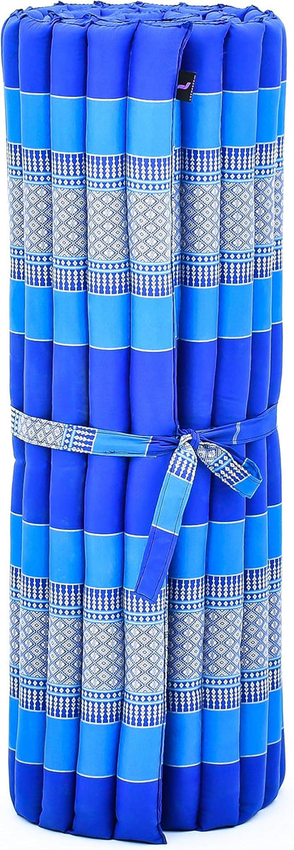 Leewadee - Kapok Roll Mat – Handcrafted Folding Sleep & Relaxation Mattress from Thailand, Ideal as Guest Bed, Camping Mat, Yoga Mat or Traditional Futon, 75 x 39 inches, Blue