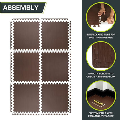 ProsourceFit Wood Grain Puzzle Mat 1/2-in, 6 EVA Foam Interlocking Floor Tiles (24SQ FT) for Secure Indoor Room Workout Flooring and Playmat, Dark Oak