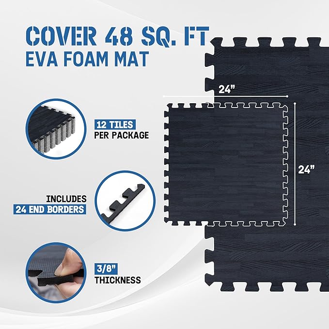 Yes4All 48SQ.FT Wood Grain Puzzle Exercise Mat Protective Flooring, EVA Interlocking Foam Floor Tiles with Border for Home