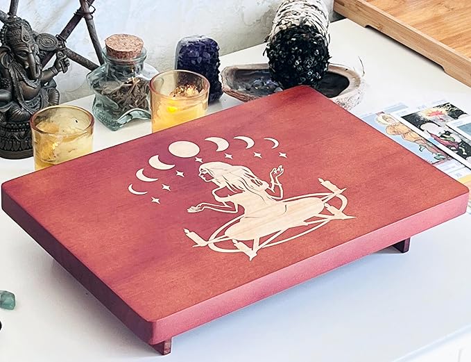 Altar Table, Meditation Table, Small Altar Table, Wooden Witch Altar, Wiccan Alter Table, Buddhist Shrine, Engraved Witch Pentacle with Surrounding Candles on Table Top, 12 × 8 inches