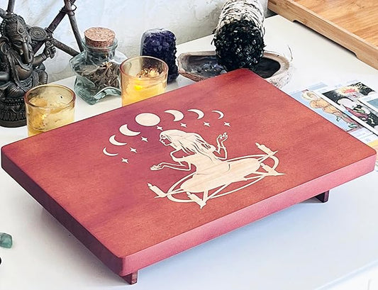 Altar Table, Meditation Table, Small Altar Table, Wooden Witch Altar, Wiccan Alter Table, Buddhist Shrine, Engraved Witch Pentacle with Surrounding Candles on Table Top, 12 × 8 inches