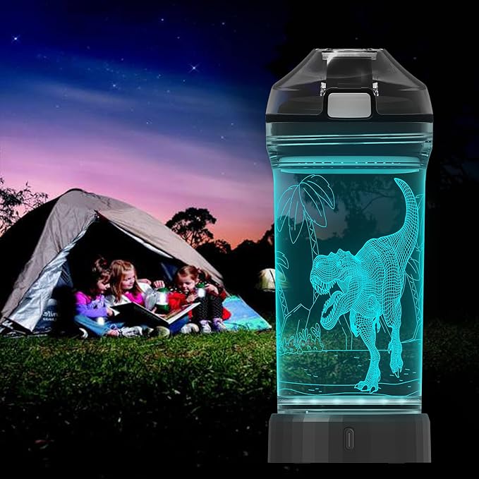 Lightzz Dinosaur Water Bottle, Dinosaur Toys for Kids 5-7 8-12 with 3D Glowing Light, 14 OZ Tritan BPA Free Cup, Dinosaur Gifts for Boys School Kid Child Holiday Camping Picnic