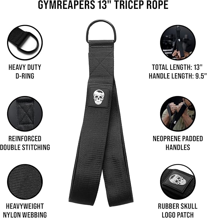 Gymreapers Tricep Rope Cable Attachment - Multi-Workout Tricep Pull Down Cable Attachment - Perfect Gym Cable attachments (3 Lengths Built in One)