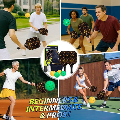 Pickleball Paddles Set of 2, Fiberglass Pickle Ball Rackets, Lightweight Paddle Set Includes 4 Outdoor Indoor Balls, 2 Grip Tapes & Carry Bag, Oversized Sweet Spot for Men, Women, Adult, Teenager