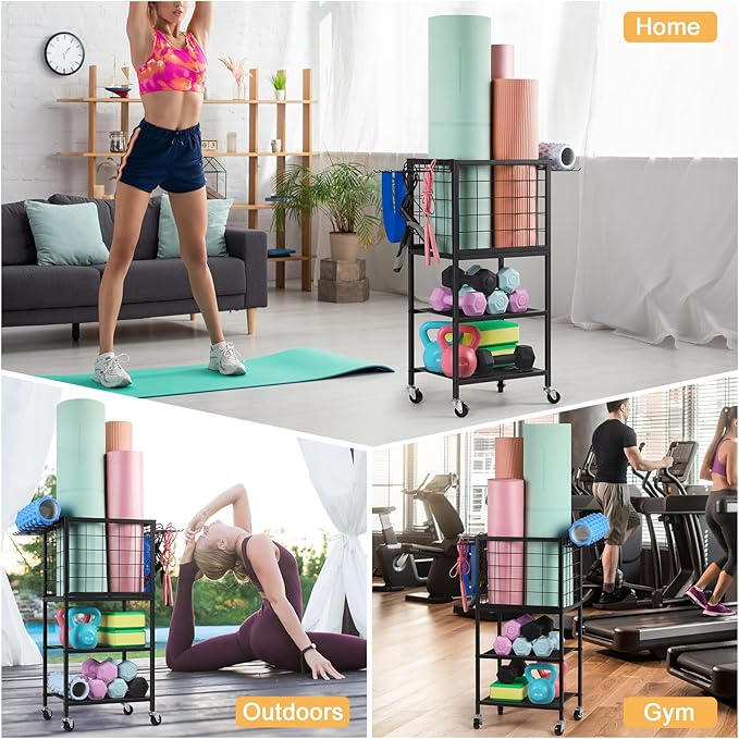 Weight Rack for Home Gym Dumbbells Yoga Mat Storage Rack Cart Small Metal Wood Home Gym Workout Equipment Storage with Hooks for Yoga Block Foam Rollers Resistance Bands