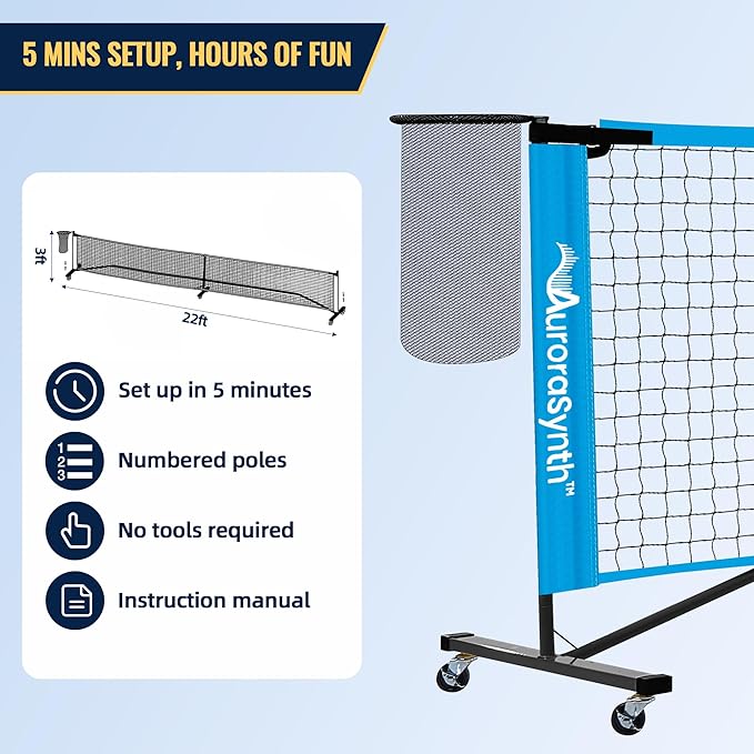 AuroraSynth Portable Pickleball Net Set with Wheels, 22 x 3ft Regulation Size Pickle Ball Net with Ball Collector, 4 Pickle Balls, 4 Pickleball Paddles, Carry Bag for Backyards, Driveway, Garage