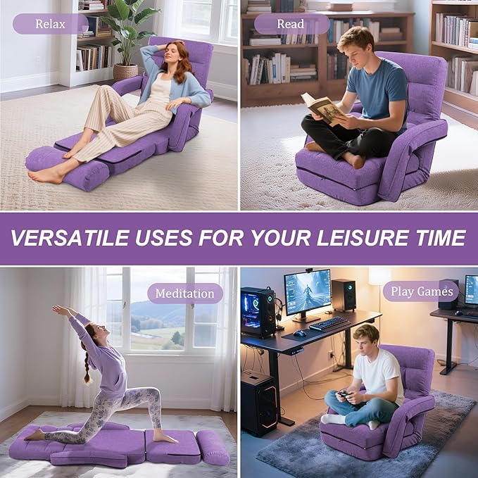 Adjustable Floor Chair for Adults with Back Suppor,5-Position Folding Lazy Sofa with Pillow, Gaming & Meditation Chair with Breathable Fabric - for Living Room, Bedroom, Office,Balcony (Purple)