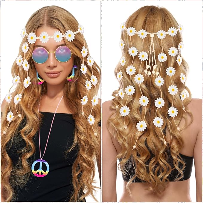 6 Pcs Hippie Costume Accessories Set, Flower Hippie Headband Boho Peace Sign Necklace Earrings Sunglasses Bracelet