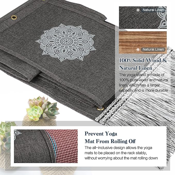 VINAEMO Yoga Mat Holder Accessories Wall Mount Organizer Storage Decor Foam Roller and Towel Storage Rack with 4 Hooks and Wooden Shelves Yoga Mats Rack Resistance Bands for Home Gym School Office