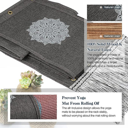 VINAEMO Yoga Mat Holder Accessories Wall Mount Organizer Storage Decor Foam Roller and Towel Storage Rack with 4 Hooks and Wooden Shelves Yoga Mats Rack Resistance Bands for Home Gym School Office