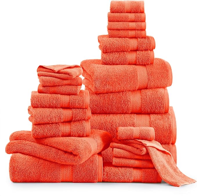 LANE LINEN 100% Organic Cotton Bathroom Towel Set - 24 Pc - Ringspun, Quick Dry, Soft & Absorbent - 2 Bath Sheets, 4 Bath, 6 Hand Towels, 8 Washcloths, 4 Fingertip - Ringspun Technology - Tiger Lily