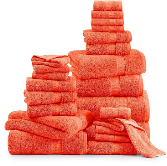 LANE LINEN 100% Organic Cotton Bathroom Towel Set - 24 Pc - Ringspun, Quick Dry, Soft & Absorbent - 2 Bath Sheets, 4 Bath, 6 Hand Towels, 8 Washcloths, 4 Fingertip - Ringspun Technology - Tiger Lily