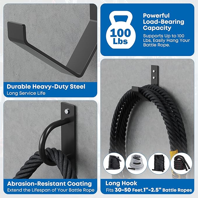 Battle Rope Wall Mount Kit - Set with 1 Battle Rope Wall Anchor and 1 Storage Hook for 30-50 Feet,1"-2.5" Battle Ropes - Heavy Duty Steel Battle Rope Anchor Wall Mount Kit-Battle Rope Rack Attachment