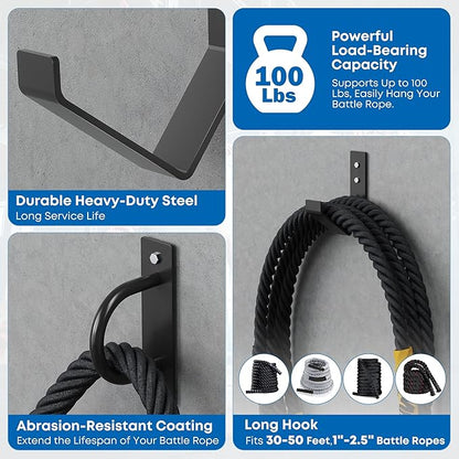Battle Rope Wall Mount Kit - Set with 1 Battle Rope Wall Anchor and 1 Storage Hook for 30-50 Feet,1"-2.5" Battle Ropes - Heavy Duty Steel Battle Rope Anchor Wall Mount Kit-Battle Rope Rack Attachment