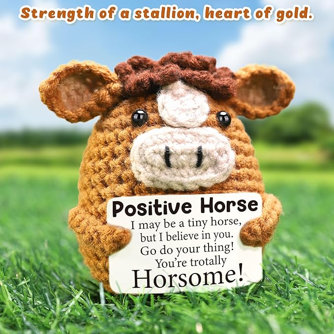 Mini Encouragement Gifts for Her Him, Handmade Motivational Inspirational Uplifting Mental Health Positive Affirmation Support Gift for Women Men Friend Coworker Teens, Crochet Horse