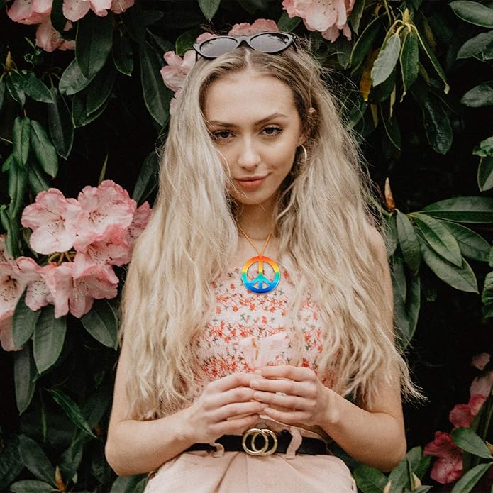 meekoo 16 Pack Peace Necklace Hippie Peace Sign Rainbow Pendant Necklace 60s 70s Costume Accessory Tie Dye Set for Women Men Party Supplies