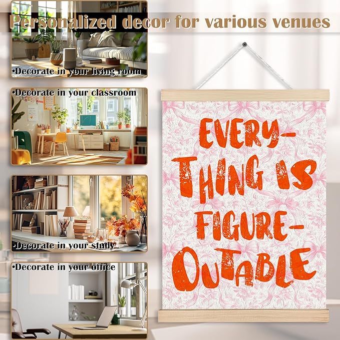 Pink Bow Everything is Figureoutable Inspirational Wall Art Poster Framed, Preppy Room Decor, Pink and Orange Floral Positive Canvas Wall Art Prints for Girls Room Dorm Apartment, 12x16 Inches