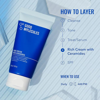 Good Molecules Rich Cream with Ceramides 50 ml / 1.6 oz – Daily Facial Moisturizer for Dry Skin, Redness – Face Lotion with Betulin Soothe, Plump, Hydrate, Moisturize – Anti-aging Skin Care