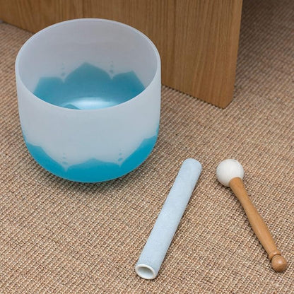 Leize Blue Lotus Design Quartz Crystal Singing Bowl G Note Throat Chakra Blue 10" with Heavy Duty Carrying Case Suede Striker