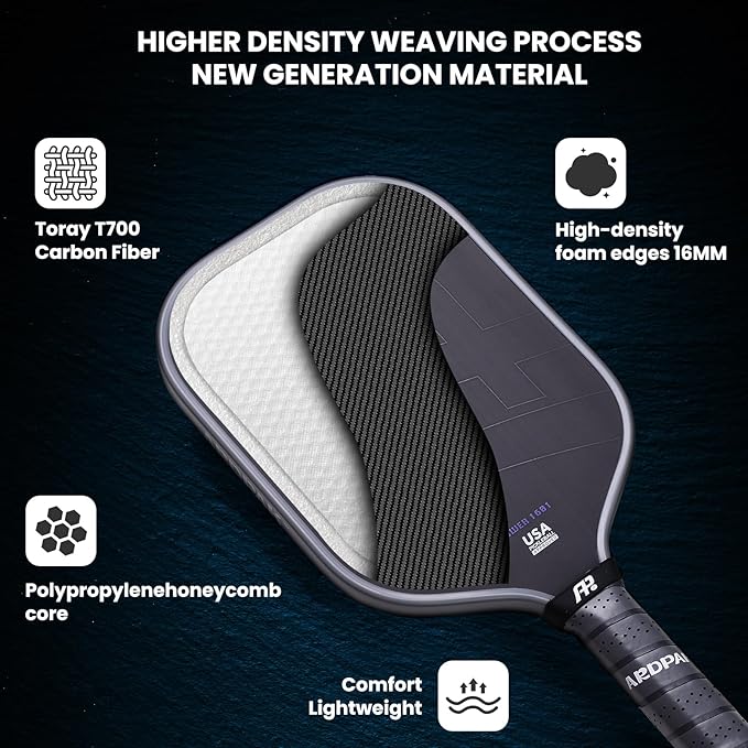 Pickleball Paddle, T700 Carbon Fiber Abrasion-Resistant Surface, 16MM Polypropylene Honeycomb core, USAPA Approved, High Grit,The Pickleball Paddle Designed for Control Spin & Consistency