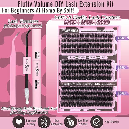Yawamica Eyelash Extension Kit Fluffier Thick Volume Lash Extension Kit 14-20mm D Curly Mink Lash Clusters 240pcs Individual Lashes Kit with Bond and Seal and Lash Applicator DIY at Home for Beginner