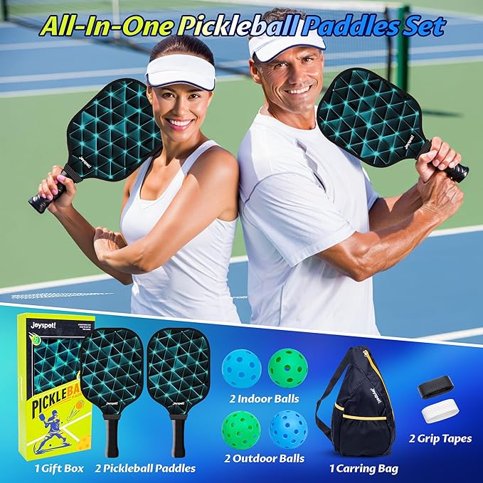 Pickleball Paddles Set of 2, Fiberglass Pickle Ball Rackets, Lightweight Paddle Set Includes 4 Outdoor Indoor Balls, 2 Grip Tapes & Carry Bag, Oversized Sweet Spot for Men, Women, Adult, Teenager