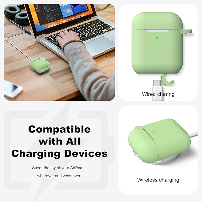 R-fun Compatible with AirPods Case Cover, Soft Silicone Protective Cover with Keychain for Women Men Compatible with Apple AirPods 2nd 1st Generation Charging Case, Front LED Visible,Avocado
