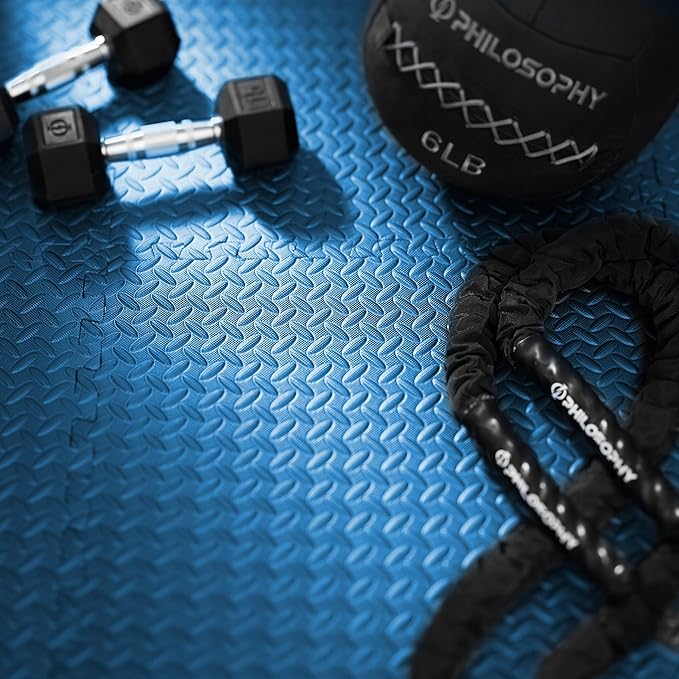 Philosophy Gym Pack of 6 Exercise Flooring Mats - 24 x 24 Inch Foam Rubber Interlocking Puzzle Floor Tiles - Blue