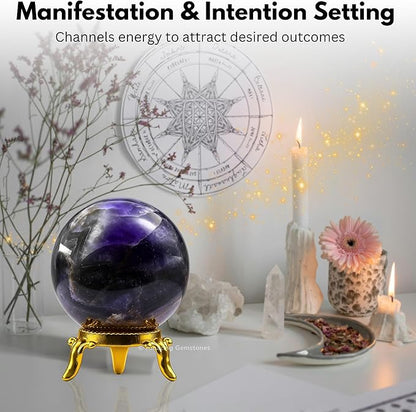 Amazing Gemstone Amethyst Chevron Crystal Ball with Stand - 2" Inches Crystal Sphere Meditation Balls for Witchcraft and Decorative Balls