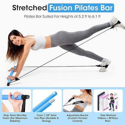 Pilates Bar Kit for Home Workouts | Portable Home Pilates Kit Set for Women & Men | Workout Bar for Legs, Hip, Waist and Arm | Includes Pilates Socks, 30-Day Challenge & Meal Plan